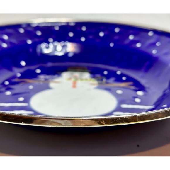 The Golden Rabbit II Blue Enamel Snowman Bowl Winter Denise S Harvey Christmas - Picture 3 of 7
